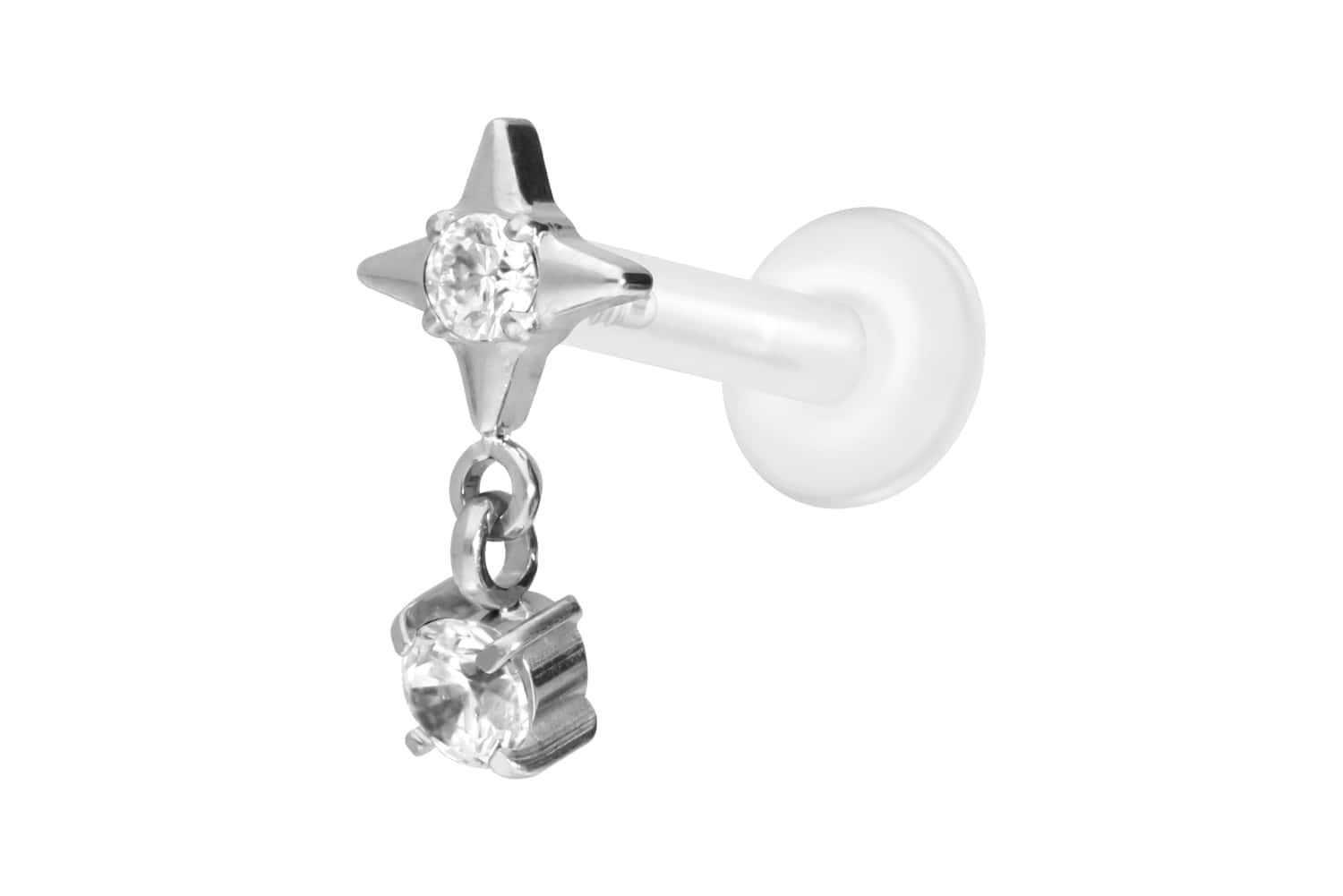 PTFE Labret Piercing mit Innengewinde + Titan-Aufsatz STERN + KRISTALL